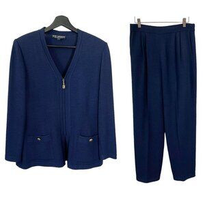St John Navy Blue Knit Blazer High Rise Tapered Pant Set Medium